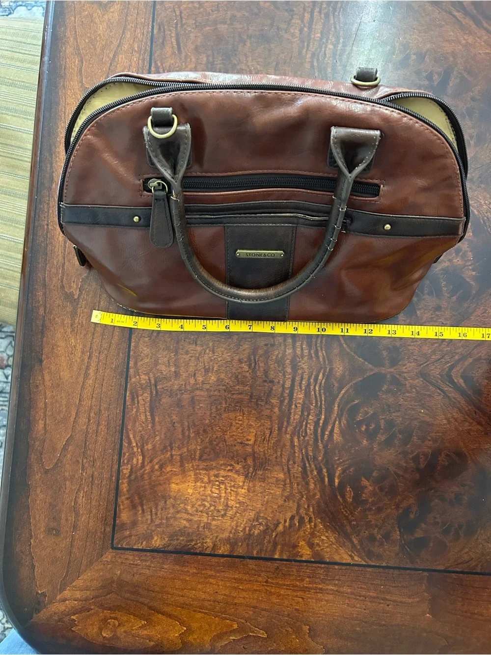 Stone & Co Purse Handbag Faux Leather Two Toned Brown Vintage Domed Satchel